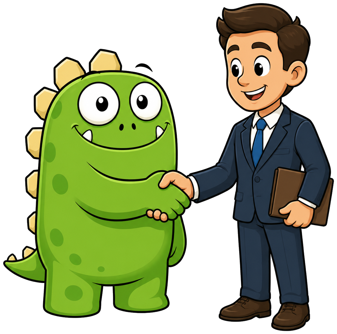 The InsuranceMonster mascot shaking hands with a broker