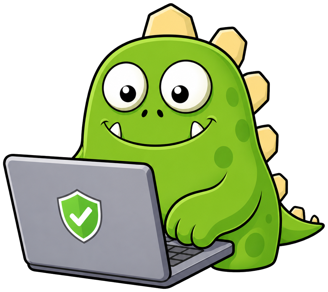 The InsuranceMonster mascot at a laptop